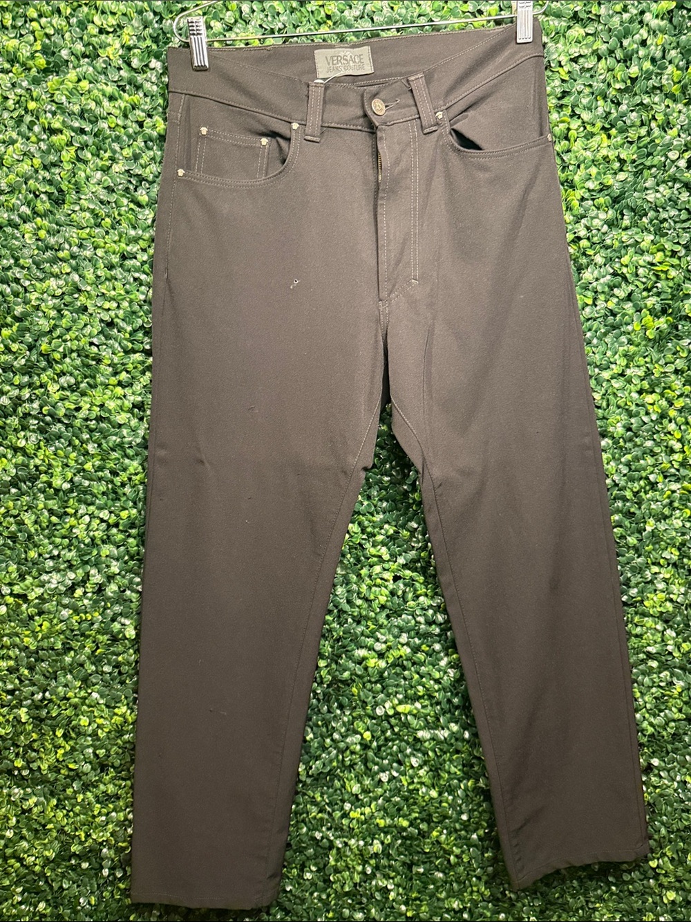 Versace Men’s Slim Straight Black Jeans with Gold Rivet Detail